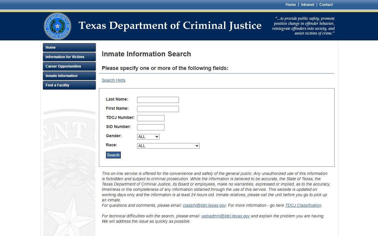 Medina County inmate records TDCJ locator for sentenced prisoners